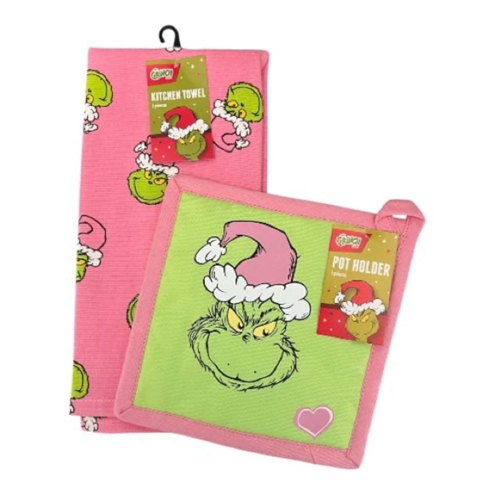 Grinch Kitchen Towel and Pot Holder Set Pink and Green